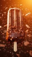 AI generated Chocolate ice lolly amidst a dynamic splash of melted chocolate, on a light blurred background. Close up. Vertical format. Great for dessert menus, food blogs, advertisements, magazines photo
