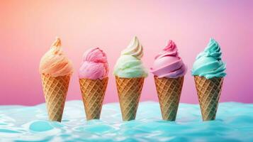 AI generated Five different flavored ice creams in cones against a gradient pink-blue background. With copy space. Ideal for dessert menus, promotions, advertising sweet treats, food blogs photo