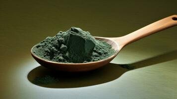 AI generated Spirulina or chlorella green powder in wooden spoon. Dried seaweed. Superfood. Matcha Powder. Close up. Food supplement. For advertising, packaging, label, market, food blog. photo