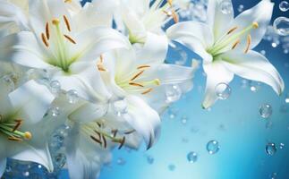 AI generated White lilies bouquet under light blue clear water with bubbles and droplets. Banner with copy space. Perfect for poster, greeting card, event invitation, print, promotion, advertising photo