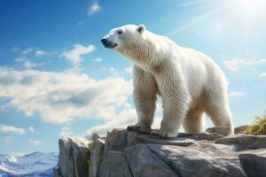 AI generated A majestic polar bear surveys its surroundings, set against a backdrop of snow-covered mountains and clear skies. Arctic Wildlife Scene. Perfect for educational content photo