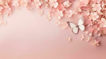 AI generated Vibrant Butterflies and blooming flowers against a soft peach pink background. Pastel colors. Banner with copy space. Ideal for backgrounds, wallpapers, greeting cards, banners, posters. photo