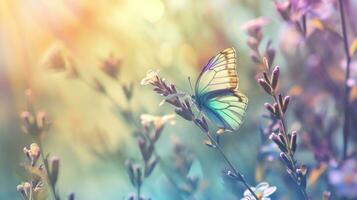 AI generated Butterfly on blooming flowers, with a blurred bokeh background. Rainbow pastel colors. Banner with copy space. Ideal for presentations, articles, websites related to nature, design, photo