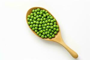 AI generated Top view of a wooden spoon with green peas isolated on a white background. Healthy vegetarian food, rich in protein and vitamins. Perfect for cooking, recipe or food related content photo