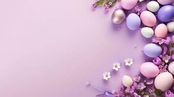 ai generado marco antecedentes con Pascua de Resurrección pintado huevos con flores en ligero rosado púrpura antecedentes. bandera con Copiar espacio. ideal para Pascua de Resurrección promoción, primavera evento, fiesta saludo, anuncio foto