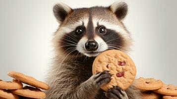 AI generated Close-up image of a raccoon holding a cookie, surrounded by more cookies. On light background. Cute animal. Ideal for pet food advertisements or wildlife humor content photo