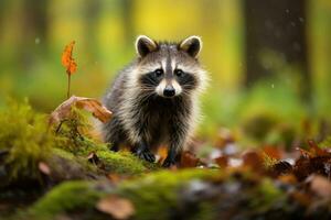 AI generated Cute Raccoon amidst a vibrant green forest, surrounded by leaves and moss. Animal in natural habitat. Ideal for wildlife and nature themes, nature magazines, websites photo