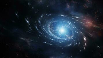 AI generated Big black hole in space in Universe, surrounded by rotating galaxies. Black hole, like time vortex, absorbs and radiates light. Big Bang. Spiral galaxy. For astronomy lesson, poster, photo