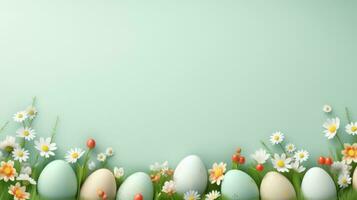 AI generated Frame background with Easter painted Eggs with flowers on light green gradient background. Banner with copy space. Ideal for Easter promotion, spring event, holiday greeting photo