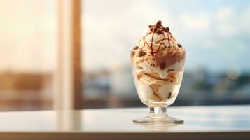 AI generated Vanilla ice cream topped with chocolate pieces in transparent glass on light blurred background with bokeh. Ideal for dessert menu, food blog, advertisement, magazine, recipe book photo