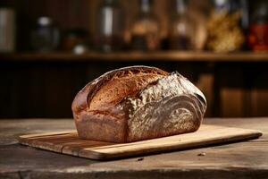 AI generated Rye Bread on wooden table against backdrop of blurred kitchen. Freshly baked loaf of rye bread with crispy crust. Made from organic whole grain rye flour. For bakery, food blog photo