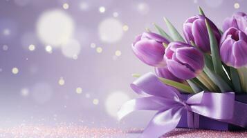 AI generated Purple tulips bouquet on light purple background with bokeh. Banner with copy space. Ideal for poster, greeting card, event invitation, promotion, advertising, print, elegant design photo