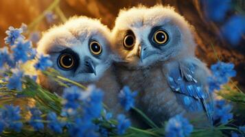 AI generated Cute owl chicks in nest with blue flowers. Adorable little birds. Ideal for background, greeting cards, childrens books, banners, posters photo