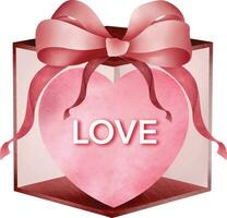 Pink heart in a box with a bow. painted with watercolors. Pink Heart in a Box with Bow. Valentine's Day Gift vector