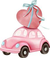 A pink car with a large red heart on top, wrapped in a blue ribbon with a bow. vector