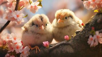 AI generated Small chicks in a nest surrounded by spring blossoms. Cute little birds. Ideal for Easter, spring themes, greeting cards, childrens books, banners, posters, postcards photo