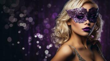 AI generated Elegant glamorous blonde with bright makeup in purple masquerade mask and sequin dress on a sparkling purple background. Banner with copy space. Ideal for fashion, event promotions, photo