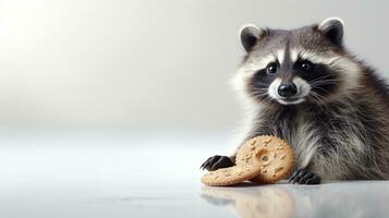 AI generated Cute Raccoon Holding Cookie. On light background. With copy space. Funny animal. Suitable for comedic content or illustrating food attraction. Banner, poster, postcard, greeting. photo