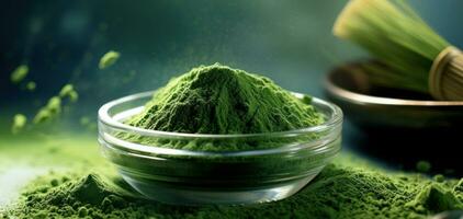 AI generated Spirulina or chlorella green powder in a bowl on a dark emerald background. Dried seaweed. Healthy superfood. Matcha Powder. Food supplement. For advertising, packaging, label, market photo