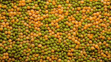 AI generated Top view of a mix of green and orange lentils evenly scattered. Background texture of uncooked lentils. Top view. Copy space. Can be used in food and nutrition related content photo