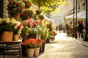 AI generated Modern street floral market on Europe style. Variety of fresh, vibrant flowers displayed for sale at outdoor market. Ideal for floral business promotions or advertisements photo