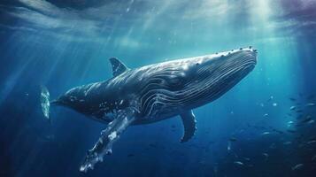 AI generated Large whale swimming in deep blue ocean waters, surrounded by small fish. Ideal for nature documentaries, ocean life posters, and educational materials photo