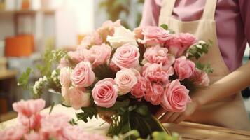 AI generated Florist holding a bouquet of fresh, blooming pink peach roses in a flower shop. Ideal for Valentines Day promotions, floral business advertisements, or any romantic designs. photo