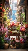 AI generated Modern street floral bazaar on asian style. Variety of fresh, vibrant flowers displayed for sale at an outdoor market. Ideal for floral business promotions or advertisements. Vertical photo