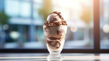 ai generado chocolate vainilla hielo crema coronado con chocolate piezas en transparente vaso en oscuro borroso antecedentes con Bokeh. ideal para postre menú, comida Blog, anuncio publicitario, revista foto