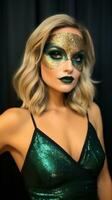 AI generated Young glamorous blonde with bright makeup in a masquerade mask and green sequin dress on a dark background. Vertical format. Ideal for fashion, event promotions, or luxury content photo