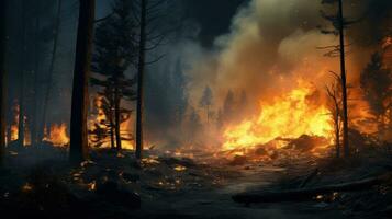 AI generated Wildfire. Forest Fire Causes Massive Destruction. Forest Engulfed in Flames. Disaster. Ecological catastrophe. Burning trees and orange smoke. For awareness campaigns on fire safety photo