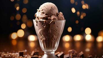 AI generated Chocolate ice cream topped with chocolate pieces in a transparent glass on a dark blurred background with bokeh. Ideal for dessert menus, food blogs, advertisements, gourmet recipes photo