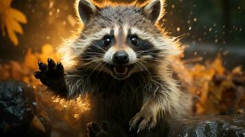 AI generated Raccoon with raised paw and open mouth in the forest. Funny animal. Perfect for use in wildlife publications, conservation awareness, or as wall art photo