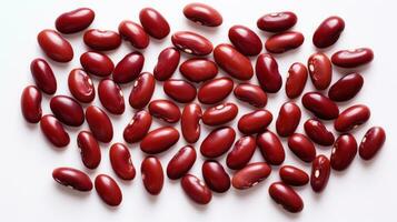 AI generated Close up of red kidney beans evenly scattered on a white background. Top view. Background texture of uncooked kidney beans. Copy space. Can be used in food and nutrition related content photo