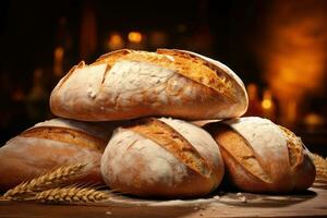 AI generated Freshly baked bread loaves on a table, set against blurred backdrop of store or bakery. Ideal for food blog, advertising, bakehouse, cafe, supermarket. photo