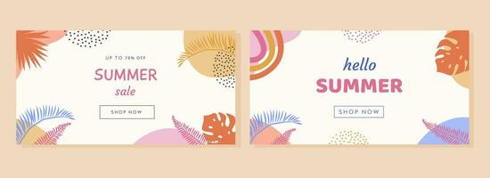 Colorful summer banner with tropical leaves. Trendy abstract horizontal poster template with palm and geometric element pattern. Modern summer sale background design, discount voucher, ad. Vector flat