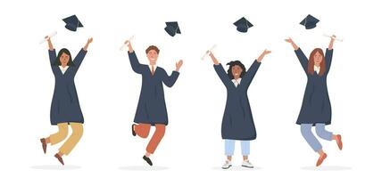 Group of happy graduated students wearing academic dress, gown or robe and graduation cap and holding diploma. Boys and girls celebrating university graduation. Flat cartoon vector illustration.