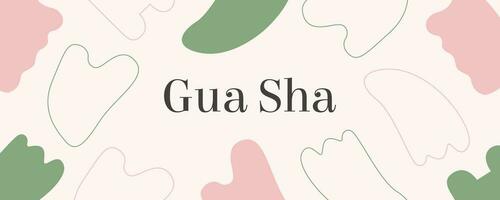 Web banner, Social media post, ad with title Gua Sha. Rose Quartz and Jade Scraping Massage tool. Natural pink and green stone scraper in different shapes. Trendy skin care. Vector flat background.