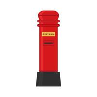 Red mailbox, public and private address classic postbox, golden plate. British royal mail service wall letterbox or stand box with slot for envelopes. Correspondence delivery vector illustration.