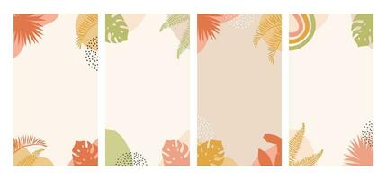 Set of modern summer story template design in pastel earthy colors. Vertical banner with Abstract geometrical shapes and tropical leafs in boho style. Vector flat illustration for ad on social media.