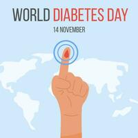 Banner design with blue ribbon and arm with a finger with blood drop measuring glucose. World diabetes day awareness poster with a world map on background. Flyer design. Vector illustration.