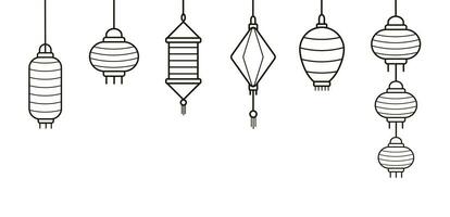 Icon set of Chinese paper street lanterns of different types and sizes outlined in flat style. Bundle of traditional asian festival decorations isolated on white background. Vector illustration