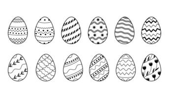 Vector Collection of decorated Easter eggs in doodle style isolated on white background. Bundle of outlined icons with different pattern for spring holiday with various ornaments. Seasonal set.