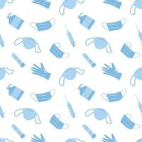 Vector Covid Coronavirus Waste Seamless Pattern. Plastic pollution on white background. Environmental issue or ecology problem of marine rubbish, latex gloves, face masks in sea illustration.