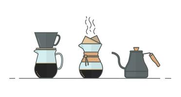 A gooseneck coffee kettle. Chemix. Set of icons of alternative coffee brewing methods for cafe menu.. Design in flat style of pour over coffee maker. Vector illustration isolated on white background.