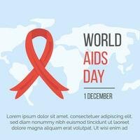 World AIDS day web banner with red ribbon on world map on background and place for text. Poster for National HIV and AIDS Awareness Day. Red ribbon cancer awareness symbol. Flyer. Vector illustration.