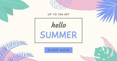 Colorful summer banner with tropical leaves. Trendy abstract horizontal poster template with palm and geometric element pattern. Modern summer sale background design, discount voucher, ad. Vector flat