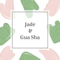 Web banner, Social media post, ad with title Gua Sha. Rose Quartz and Jade Scraping Massage tool. Natural pink and green stone scraper in different shapes. Trendy skin care. Vector flat background.
