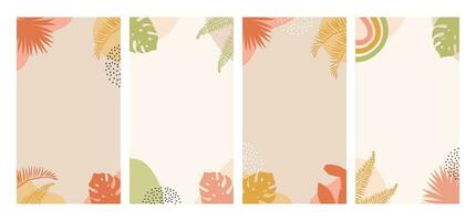 Set of modern summer story template design in pastel earthy colors. Vertical banner with Abstract geometrical shapes and tropical leafs in boho style. Vector flat illustration for ad on social media.