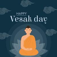 Happy Vesak Day Vector Card. Translation from Sanskrit Festival of Gautama Birth, Death, Paranirvana. Lord Buddha sitting on lotus seat with rays of light on yellow background. Vector Buddhist holiday